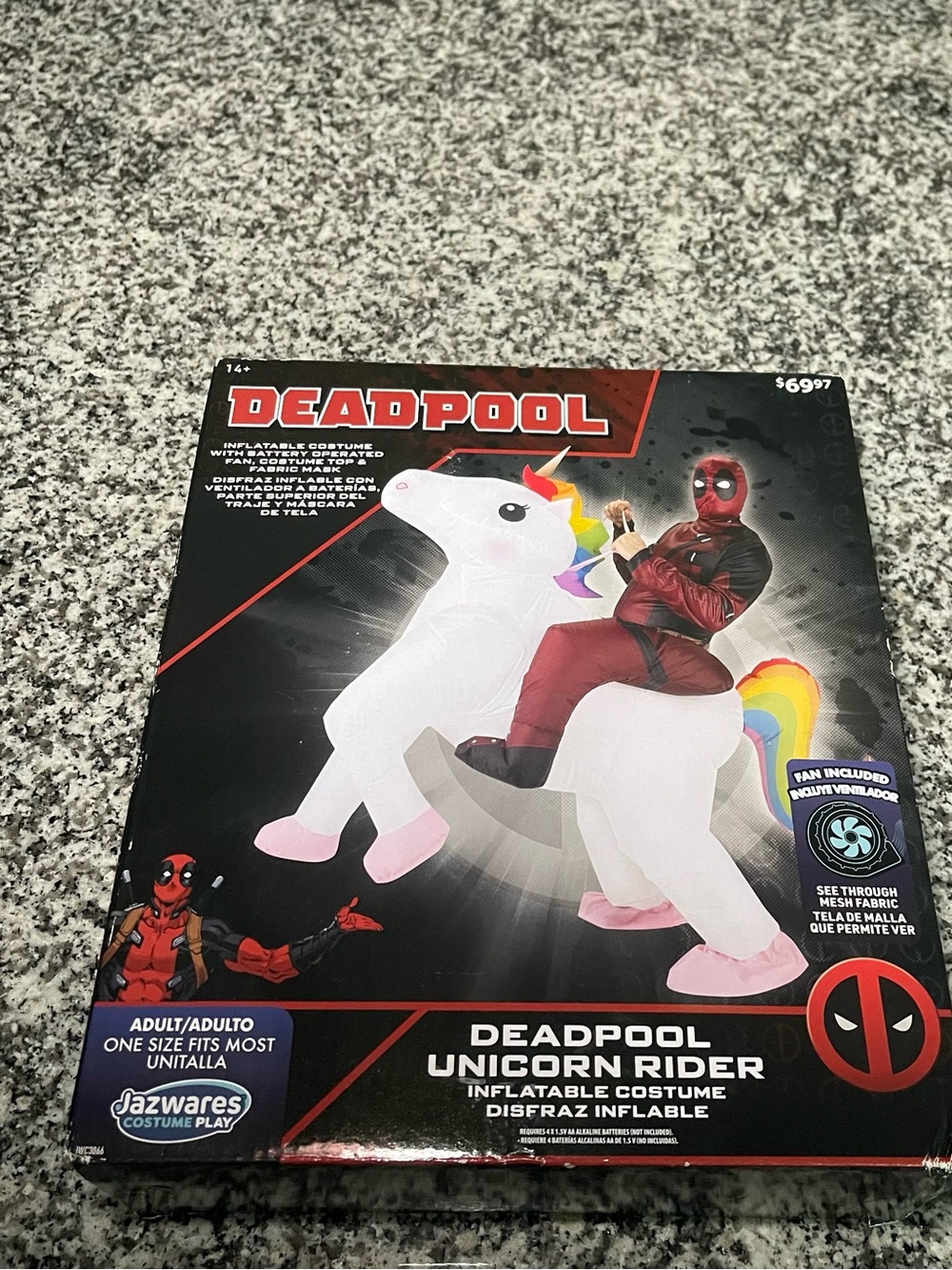 Adult Deadpool Unicorn Rider Battery Fan Operated Inflatable Costume New